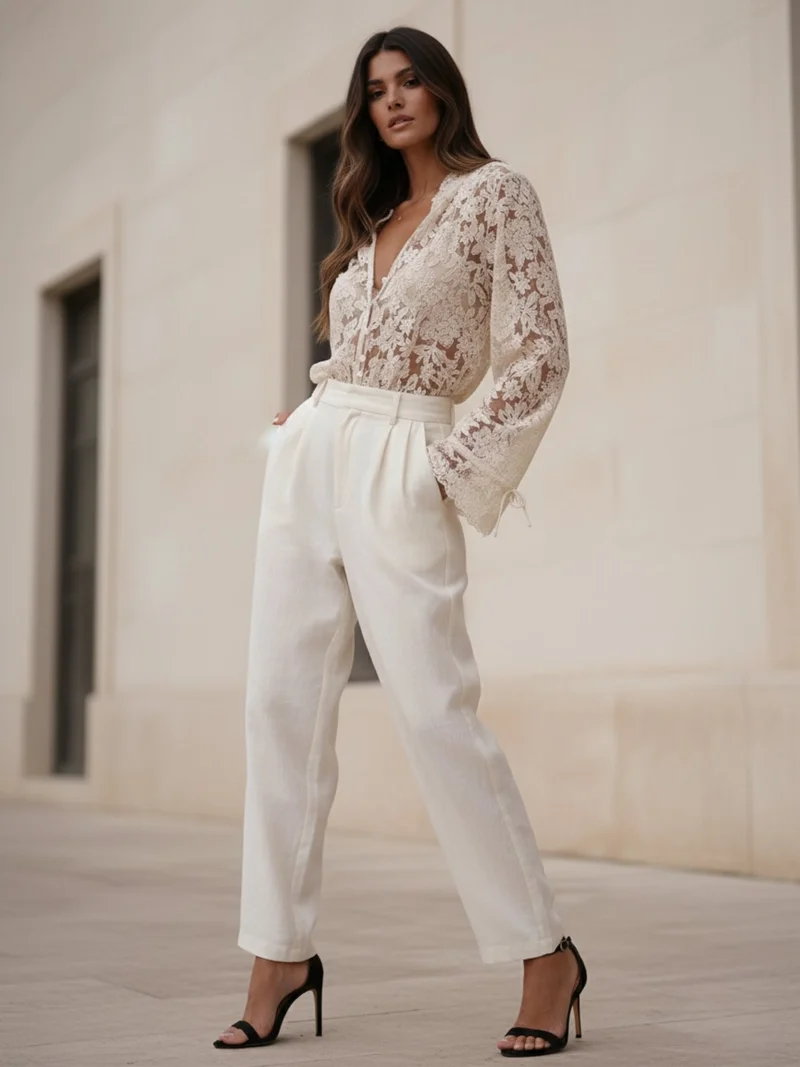 Outzidr  Cream Bell Sleeve Textured V Neck Mesh Top for Women | Best Price UAE